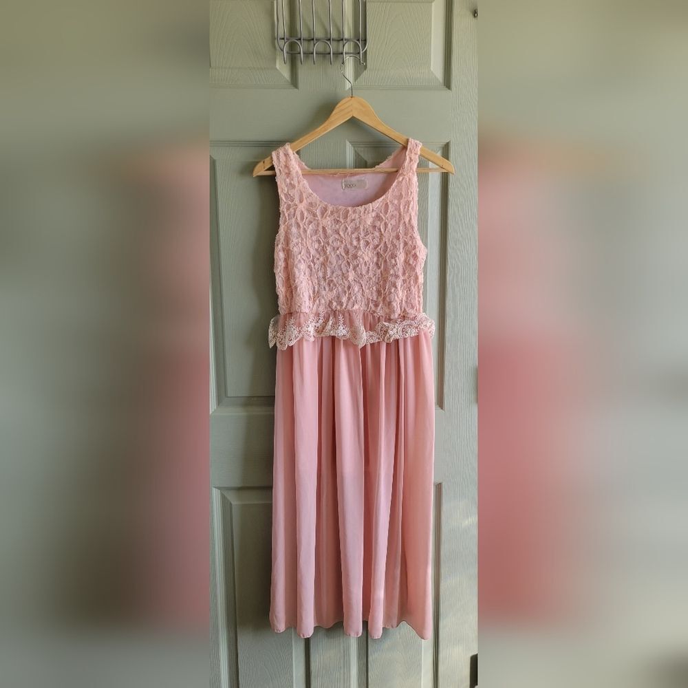 Pink Sleeveless Romantic Boho Dress with Lace Overlay Top Size S